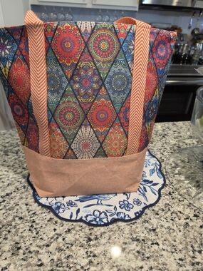 Multicolor Mosaic Jute Tote Bag with Coral Base